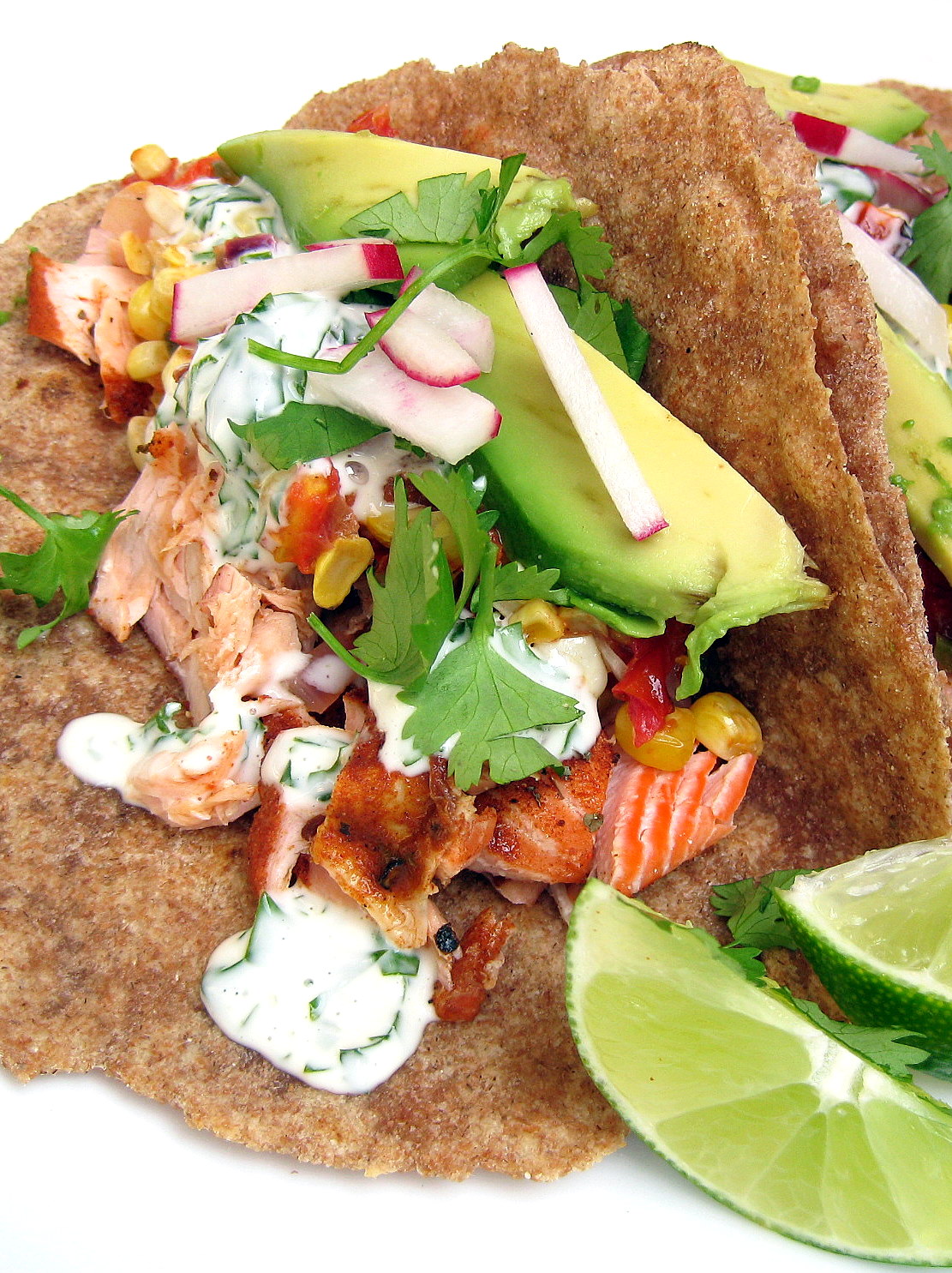 Blackened Salmon Tacos with Roasted Corn Salsa and Cilantro-Lime Aioli