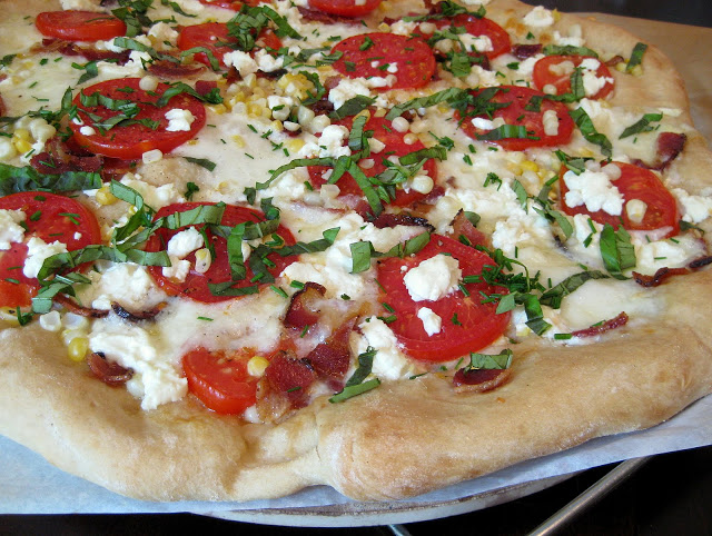 Bacon, Tomato, Corn, and Basil Pizza