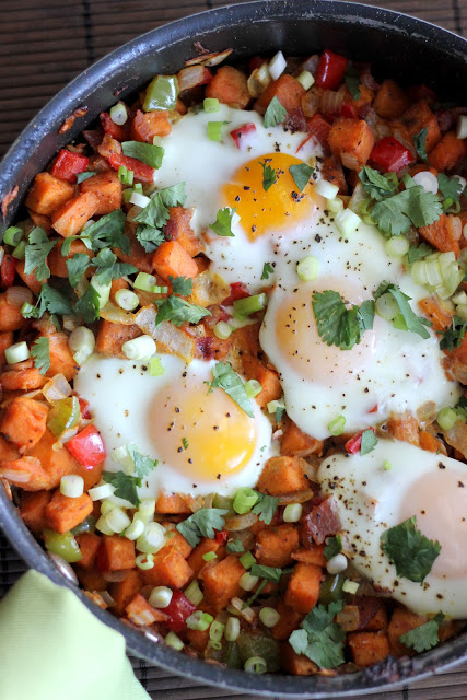 Sweet Potato, Bacon, and Baked Egg Hash