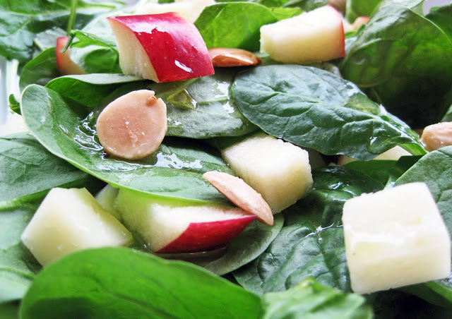Spinach, Apple, Almond, and Manchego Salad with Honey-Lemon Vinaigrette
